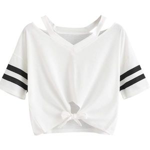 Striped Sleeve Front Tie Crop Top T-Shirt